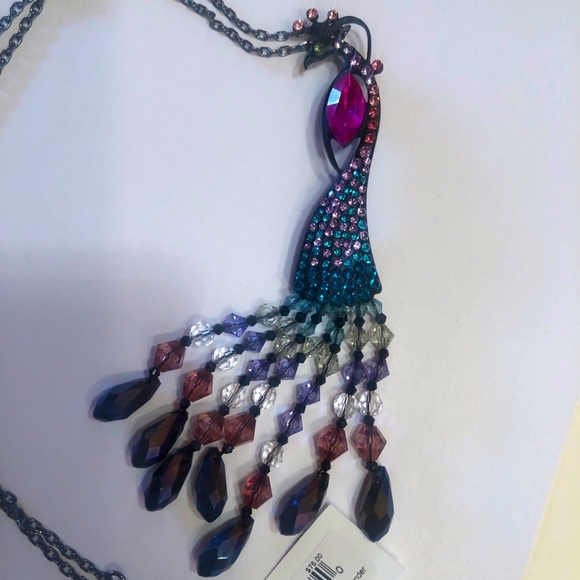 Betsey Johnson Hematite Tone Peacock Pendant Necklace Fringe & Crystal Accents - Picture 3 of 10